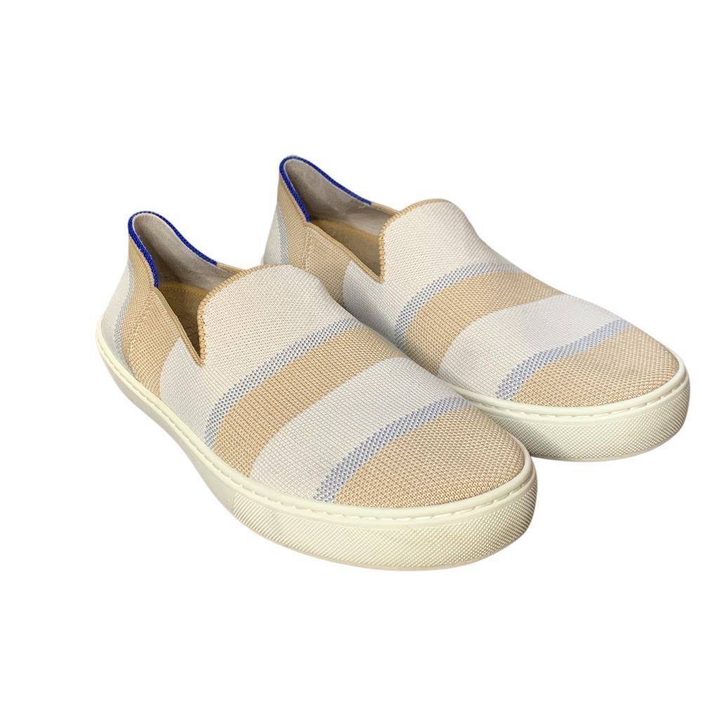 Rothy's Birch Stripe Slip On Sneaker in tan, blue silver and white.‎ Size 10